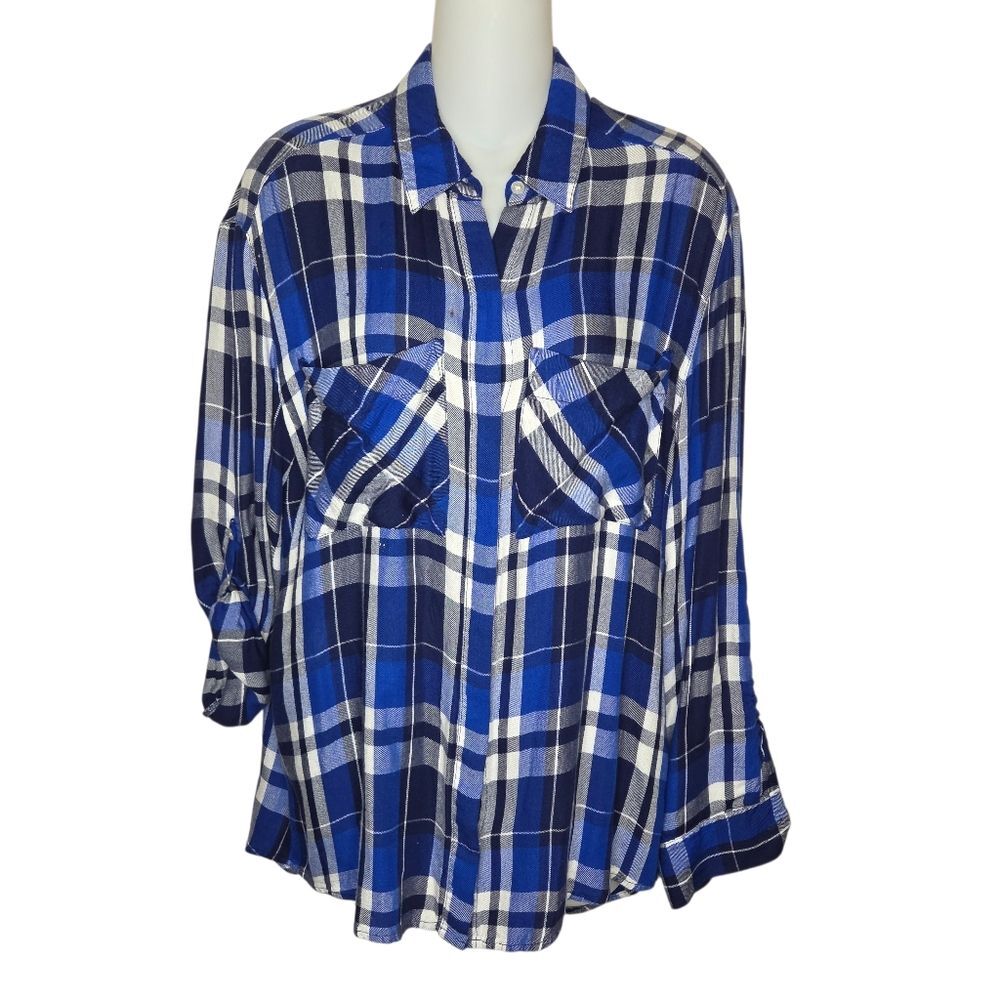 Express Boyfriend Blue Plaid Tab-Sleeve Button-Up Blouse, Size Small